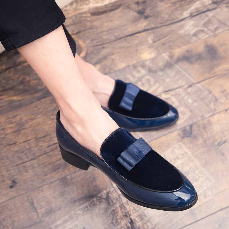 Vusuvon herr formella skor bowknot bröllopsklänning herrar lägenheter fritidsskor svart blå lack slip on mocka loafers herr sko