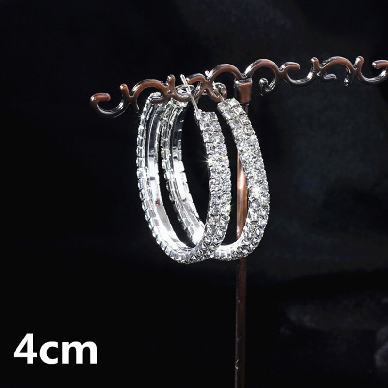 Pendientes de aro grandes para mujer, aretes brillantes de doble fila, diamantes de Color plateado, joyería nupcial, 4cm, 5cm, 6cm: 4cm