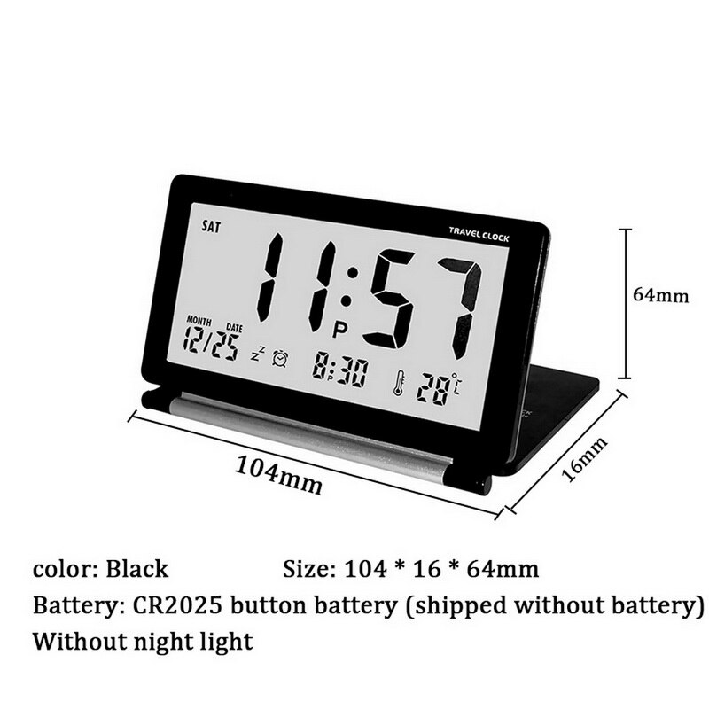 Elektronische wekker reisklok tafelklok multifunctioneel stil lcd digitaal groot scherm opvouwbaar led snooze-functie 62: Zwart zonder tegenlicht