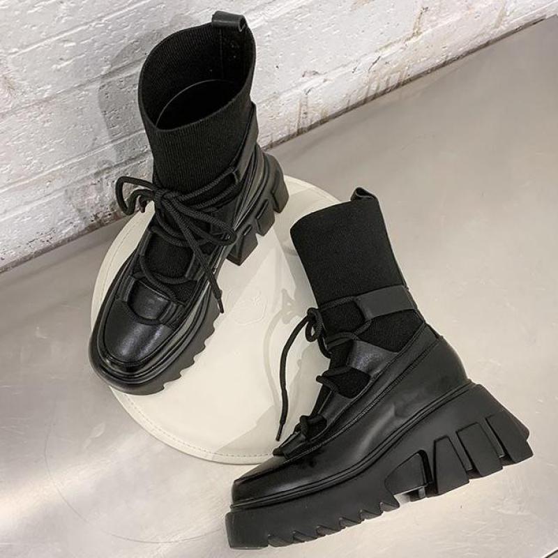 Botas cortas negras de otoño e invierno, nuevos zapatos para mujer, botas de plataforma INS para mujer, tela elástica de tacones gruesos