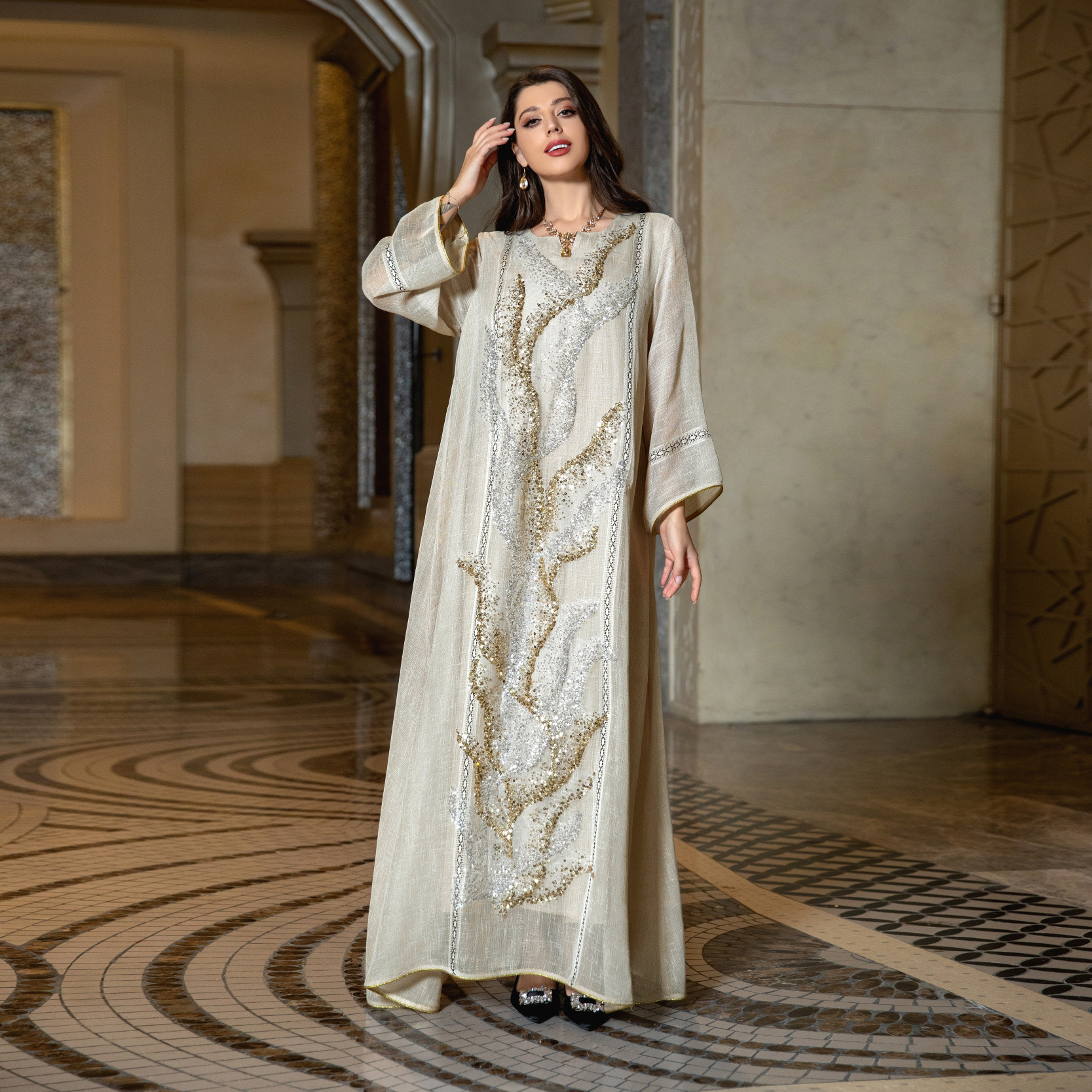 Dubai Abaya Luxury Robe Muslim Women Kaftan White Mesh Beaded Embroidered Dress Femme Morocco Jalabiya Arabic Islam Clothing