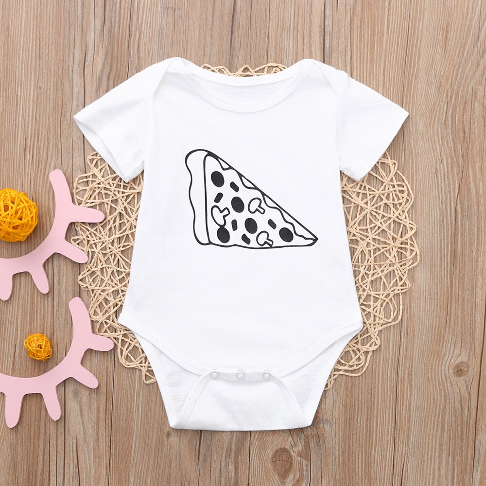 Zomer baby jongens meisjes korte mouwen cartoon pizza print bodysuits unisex casual effen kleur familie bodysuit