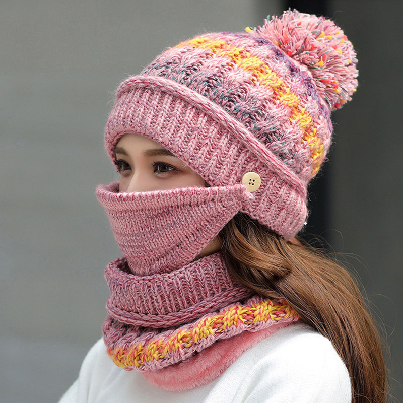 Ungdom vinter tykk pluss kashmir varme masker lue skjerf høst vinter kvinners strikke lue ull ball dekke øre krage tre sett: Rosa