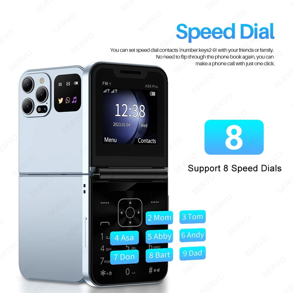 Servo a50 pro dobrável telefone móvel automático rádio fm chamada registro velocidade dial voz mágica dupla sim gsm desbloqueado celular 2.4 "tipo-c