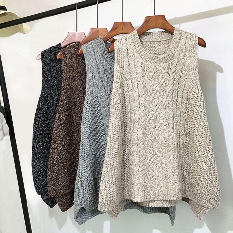 Ropa de otoño e invierno Chaleco de lana gruesa para mujer, Chaleco de punto suelto de gran tamaño, cuello redondo en la sección larga del chaleco salvaje