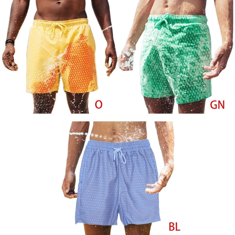 Men Magic Color Changing Swim Trunks Water Discoloration Surf Beach Board Rhombus Plaid Shorts Quick Dry Drawstring Sport Pants