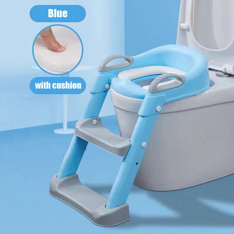 Escalera de inodoro plegable para niños, orinal de entrenamiento, asiento de bebé, orinal con taburete ajustable, cómoda y segura: Blue with cushion