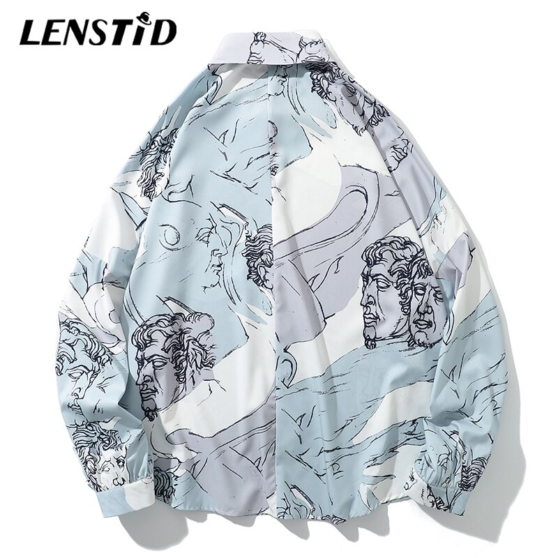 LENSTID Men Hip Hop Long Sleeve Thin Loose Shirt Streetwear Characters Print Hawaiian Shirt Oversized Autumn Harajuku Tops Shirt