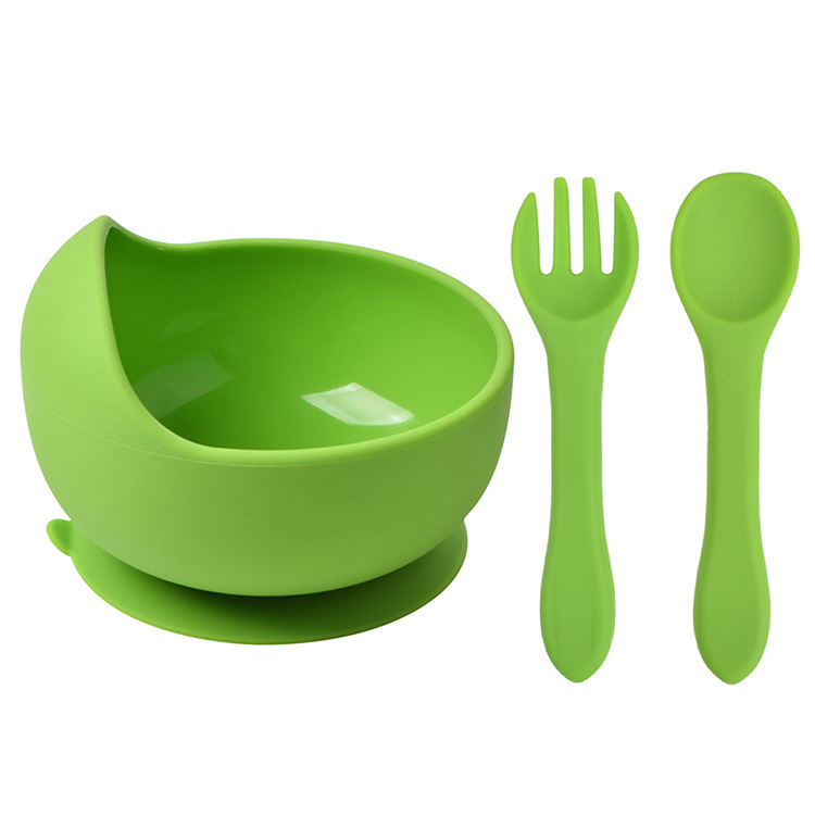 3Pcs Baby Silicone Bowl Spoon Fork Set BPA Free Non-slip Children&#39;s Suction Bowl Handle Silicone Set Food Grade Tableware: Y7