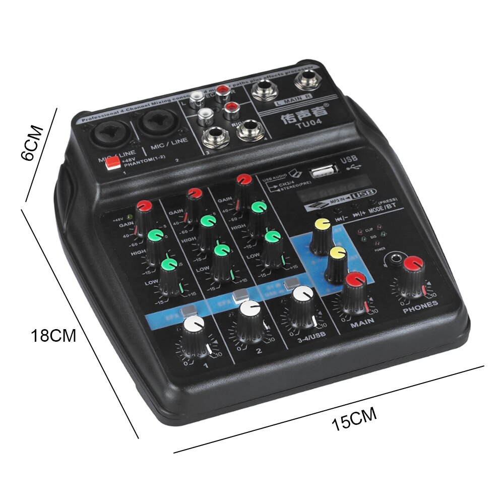 A4 Sound Mixing Console Bluetooth USB Record Computer Playback 48V Phantom Power Delay Repaeat Effect 4 Channels USB Audio Mixer