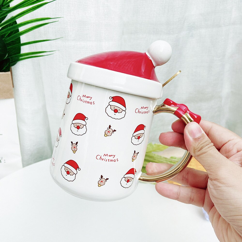 Tapa con forma de sombrero de Navidad, vaso de agua de caballo de cerámica de dibujos animados, oso de muñeco de nieve de Santa Claus con cuchara, taza de café, vasos de , 400ml: A