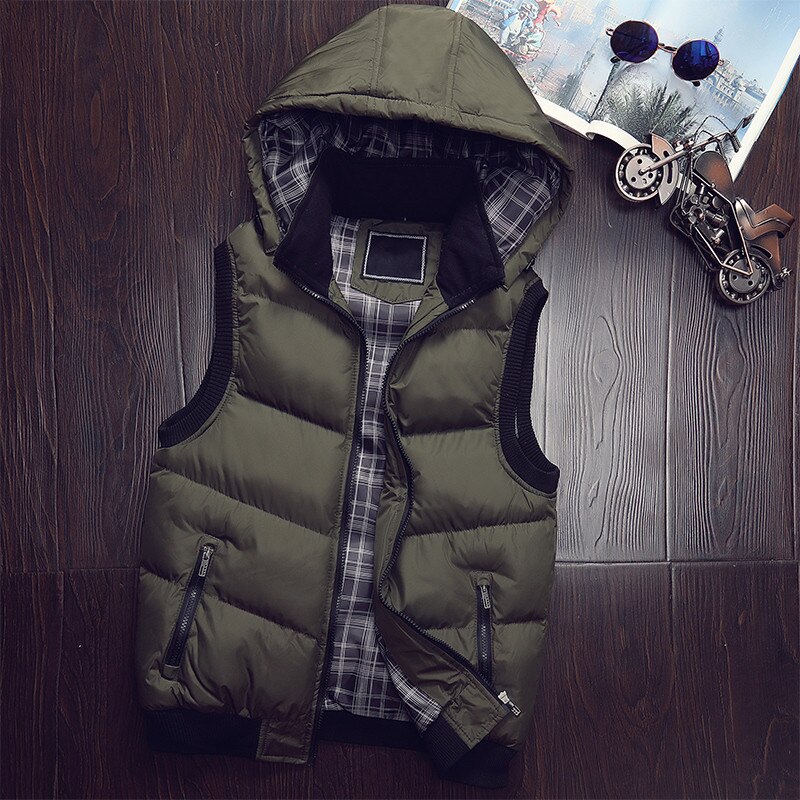 Mode Mouwloze Jas Heren Herfst Winter Vesten Mannelijke Katoen Gevoerde Vesten Mannen Hooded Thicken Vesten Veste Homme: army green Waistcoat / M