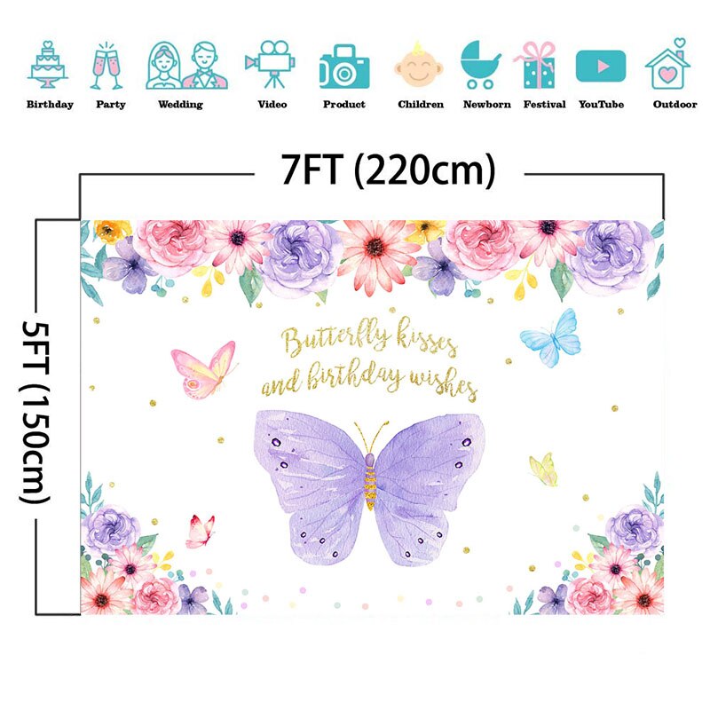 Lumière violet papillon anniversaire toile de fond point doré aquarelle fleurs photographie fond bébé douche décorations fournitures