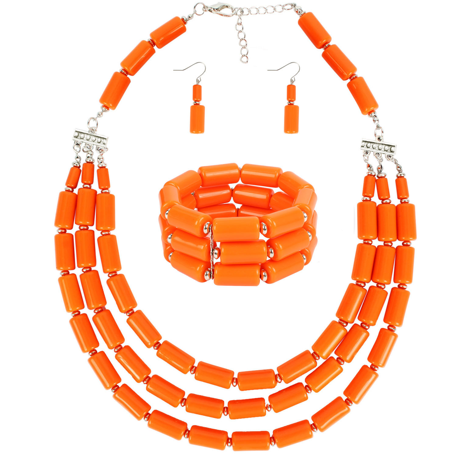 Een Set 3rows Orange Coral/Paars/Groen/Blauw Acryl Kralen Ketting/Armband/Oorbellen