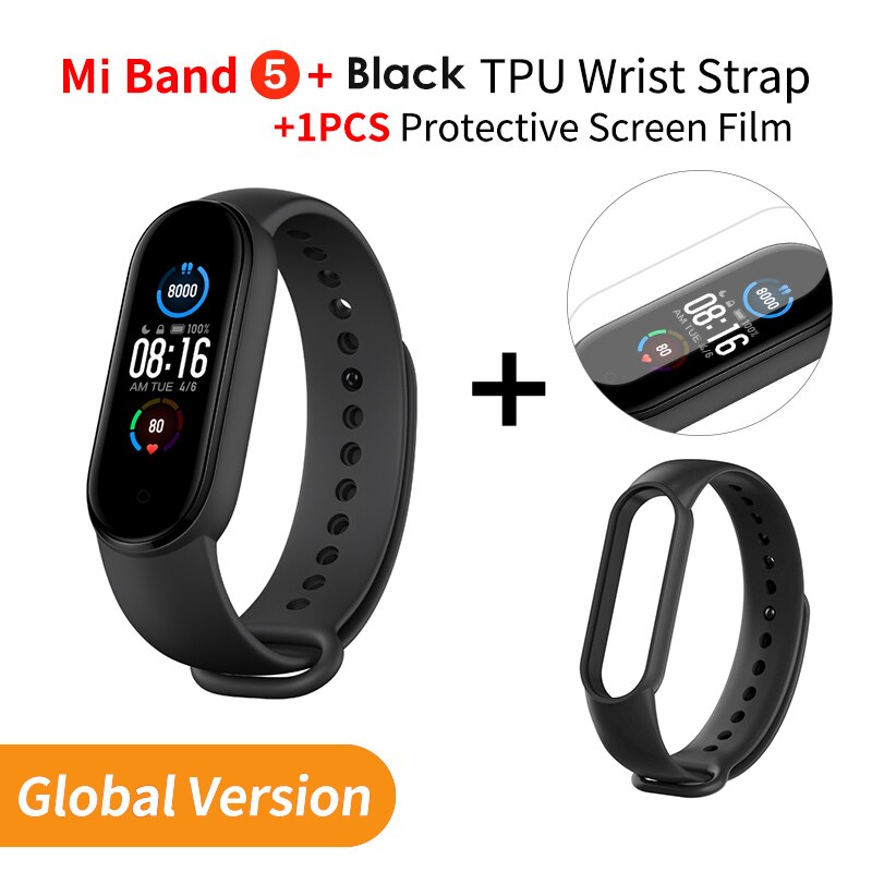 Xiaomi banda 5 versão global pulseira inteligente tela de toque miband 5 pulseira esporte rastreador de fitness monitor de freqüência cardíaca: EN Add Black Strap