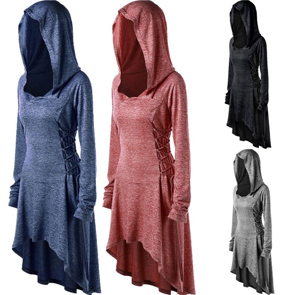 Women's Hooded Dress - Long Sleeve Side Bandage Casual Loose Irregular Hem