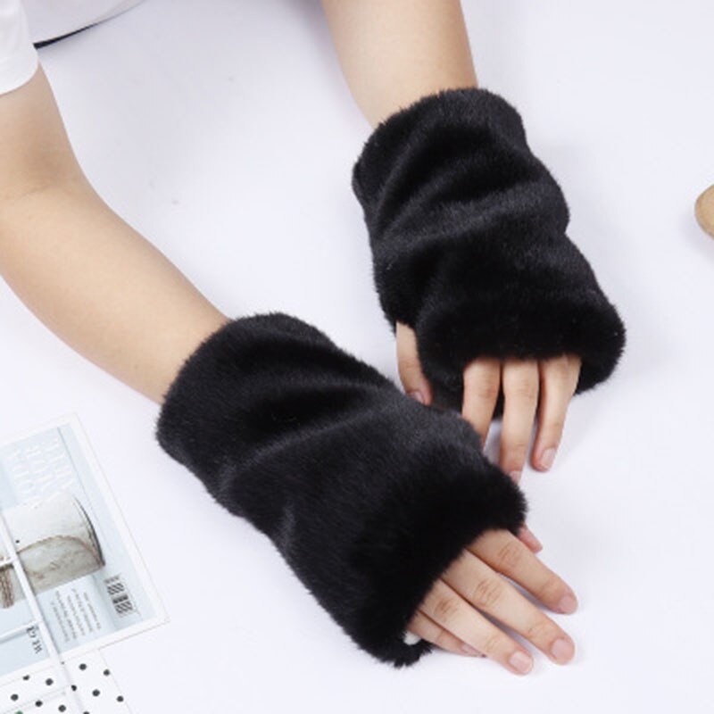 Winter touchscreen handschoenen vrouwelijke faux fur konijnenbont half vinger luipaard handschoenen vrouwelijke dikke leuke pluche schrijven warme handschoenen e91: Black