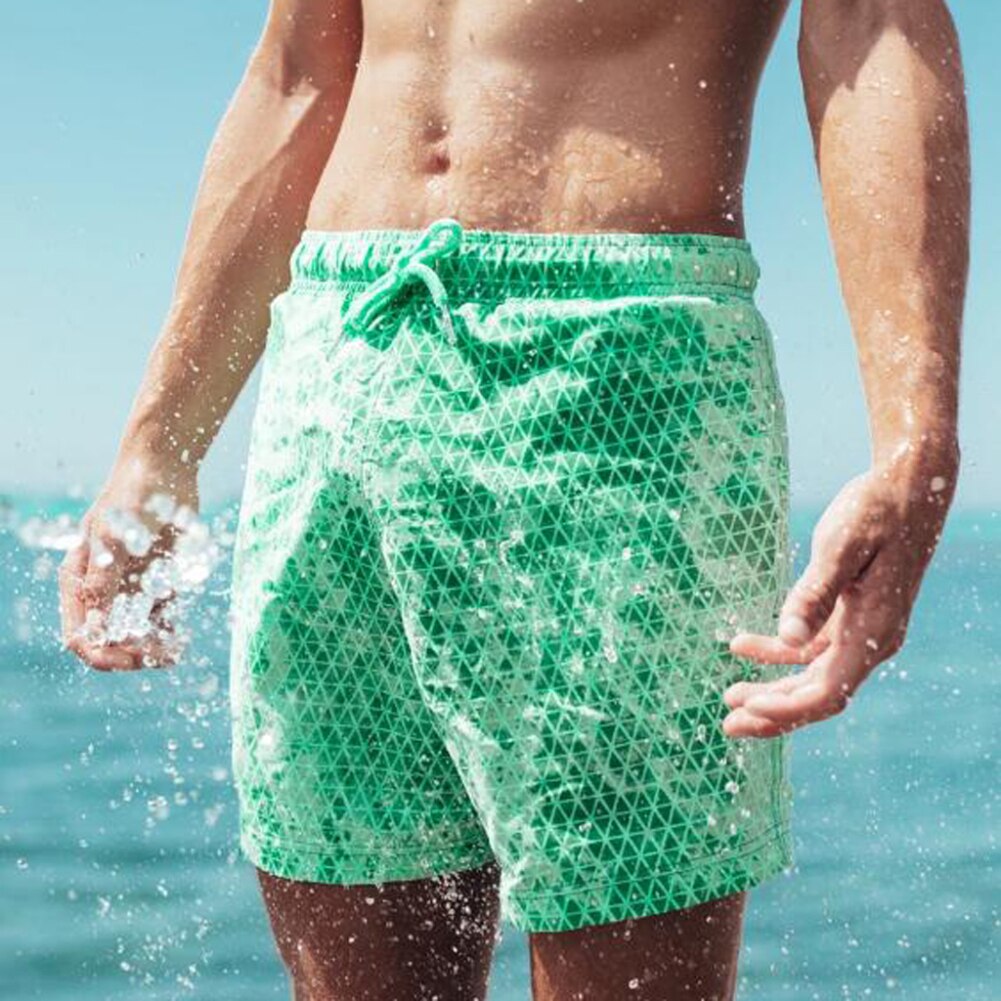 Men Quick Dry Beach Shorts-Lattice Drawstring Color Changing Nylon travel Beach Shorts Swimming Trunks