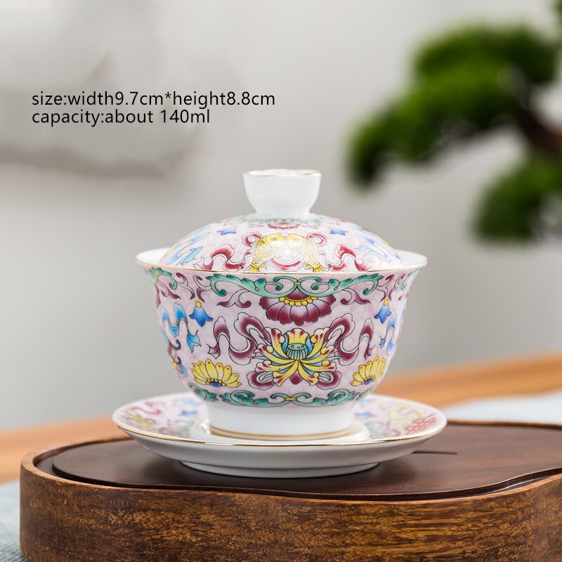 Cuenco de té de porcelana de cerámica con flores, 145ml, juego de platillo con tapa, esmalte, taza maestra Gaiwan china, vajilla de: B Style