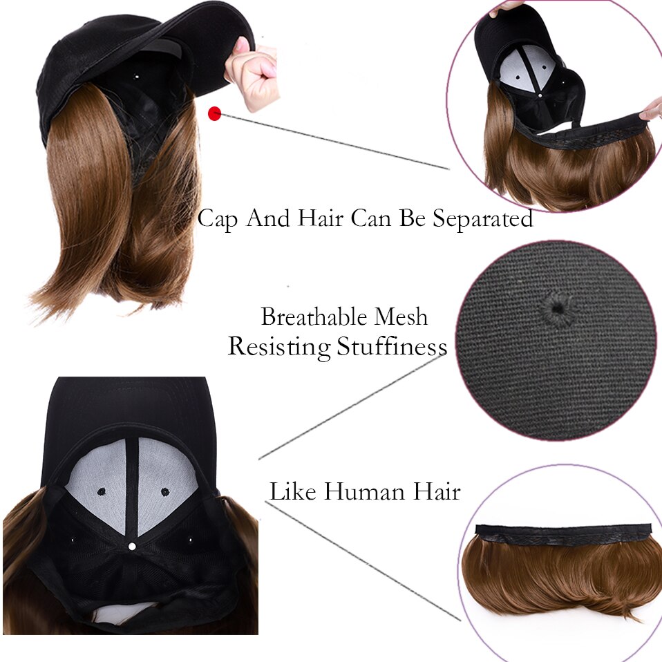 Benehair Afneembare Korte Rechte Bob Haar Zwarte Baseball Cap Haar Pruik Synthetische Pruik Cap Haar Hittebestendige Vezel Outdoor