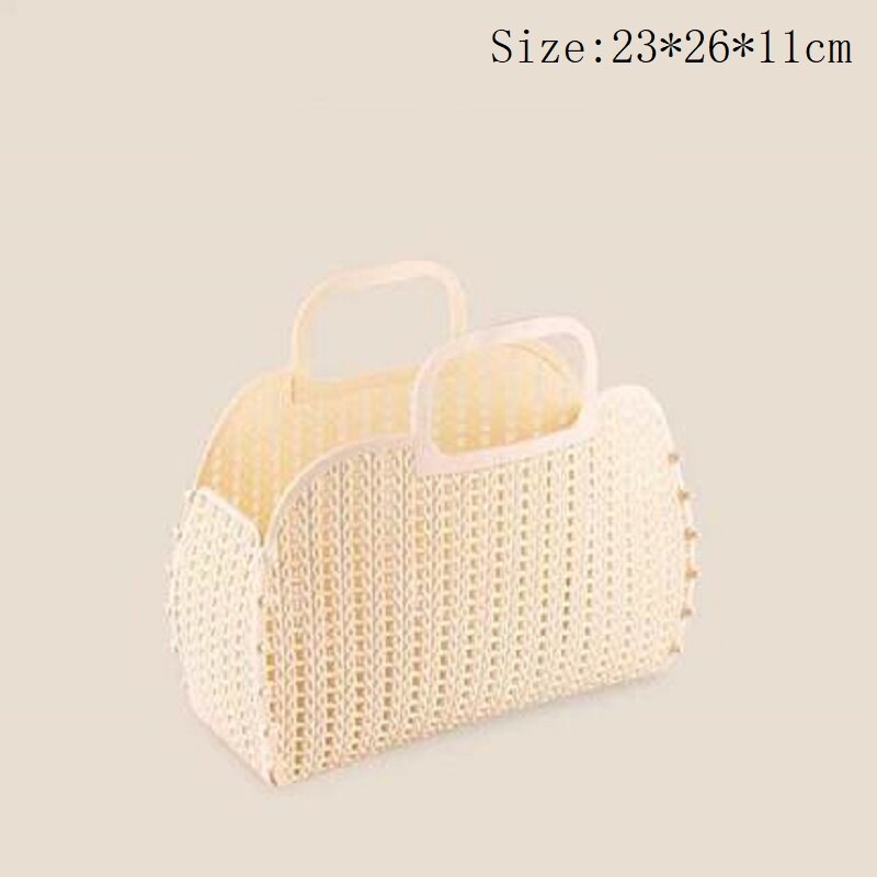 Plastic Bath Baskets Foldable Hollow Wicker Rattan Cosmetic Storage Bucket Bathroom Livingroom Hanging Finishing Drain Organizer: 2-Beige