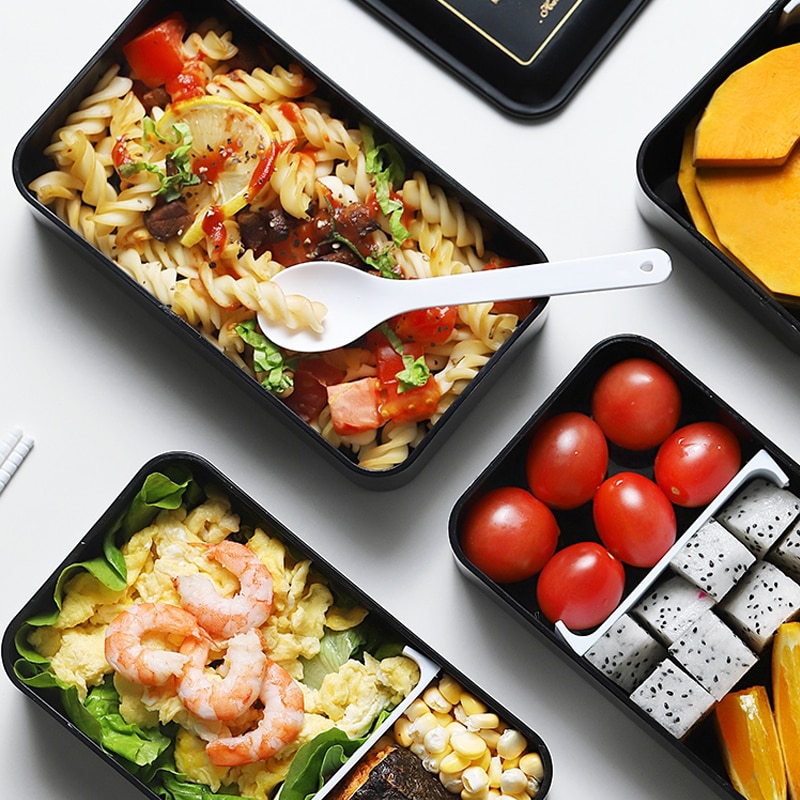 Portable Rectangular Lunch Box Double Plastic with Compartments Bento Box 1200ml Microwave Tableware Food Storage Container