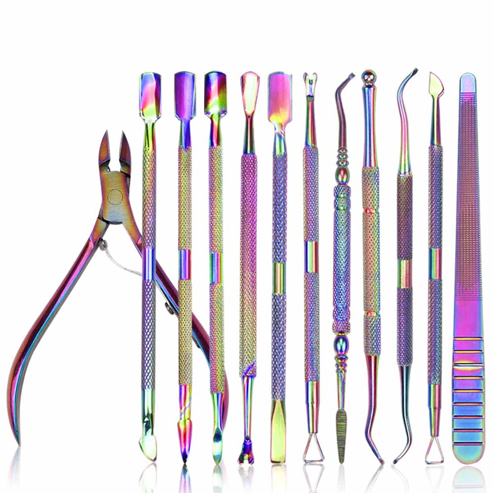 1 Juego de empujador de cutículas de uñas Acero inoxidable titanio Arco Iris cortauñas producto para eliminar la piel muerta tijera alicate manicura herramienta de cuidado de uñas: 12pcs