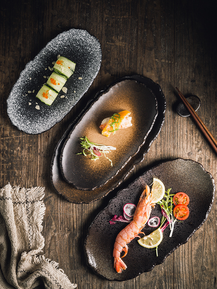 Vajilla de cerámica de perla negra de estilo japonés EECAMAIL, plato de sushi con tiras largas irregulares, bandeja de uso diario, plato de aperitivos y postres