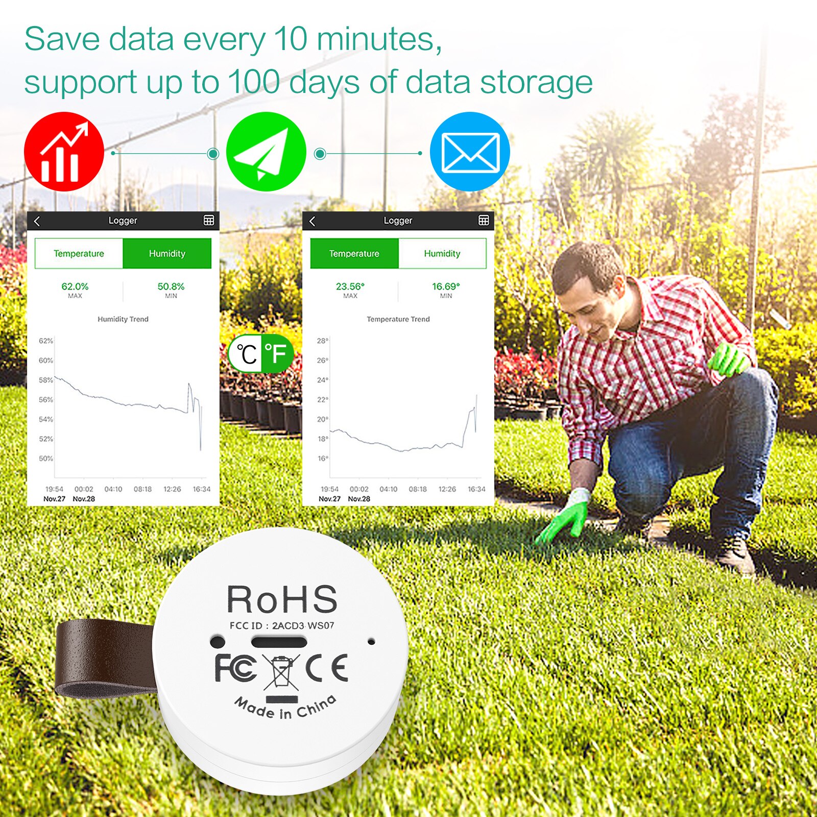 ORIA-termómetro inteligente para el hogar, higrómetro inalámbrico con Bluetooth, Sensor de temperatura y humedad para exteriores