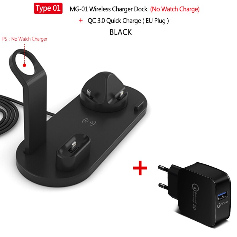 10W 3in1 Wireless Charger Stand Dock for iPhone 11 Pro Xs X Wireless Fast Charging Station for Airpods Pro 2 Apple Watch 5 4 3: Type 1 QC3.0 Black