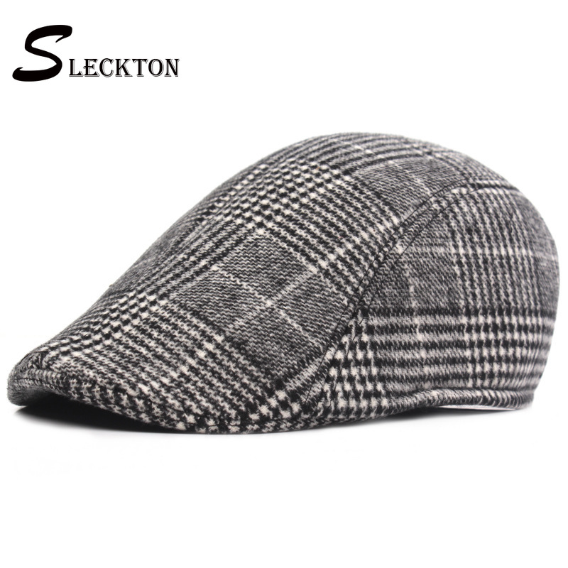 SLECKTON Cotton Hats Plaid Hats Beret Peaked Cap Tweed Casual Newsboy Cap Retro Flat Cap Herringbone Winter Hats for Men