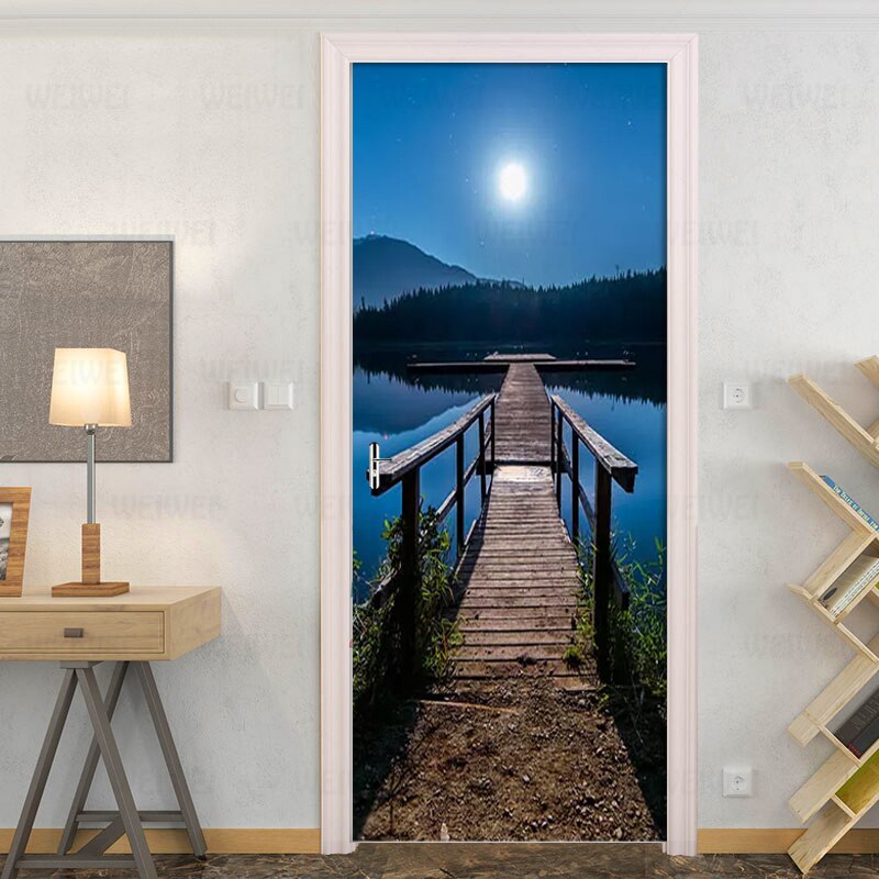 3D Wallpaper Night Lake View Wooden Bridge Mural Living Room Study Room 3D Door Sticker PVC Self Adhesive Waterproof Wall Paper