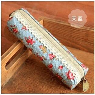 1 Stks/partij Mini Retro Bloem Bloemen Lace Etui Pen Zak Multifunctionele Rits Potlood Houder Tas briefpapier: sky blue