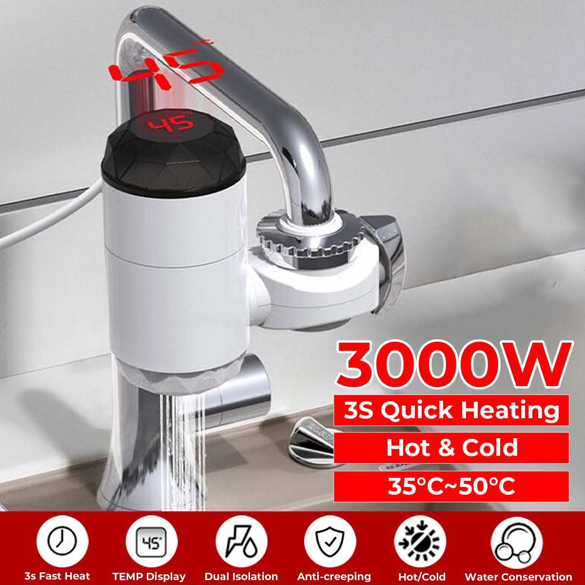 3000W Electric Kitchen Water Heating Tap Instant Water Faucet Heating Tankless Water Heater LED Display