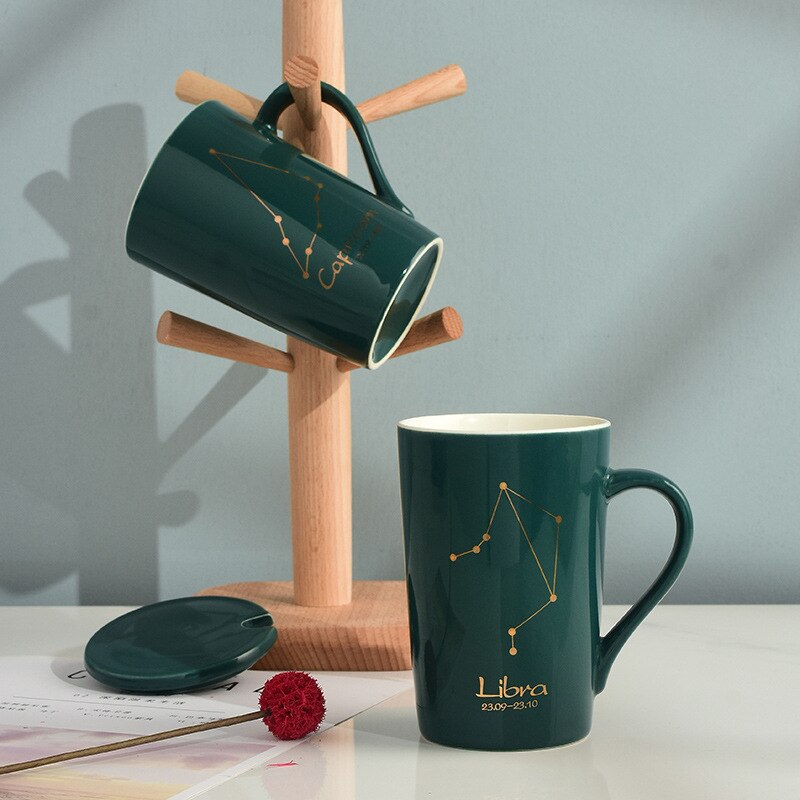 Ceramic Coffee Mugs Green Color Glazed Handgrip Tea Cups with Lids and Spoon