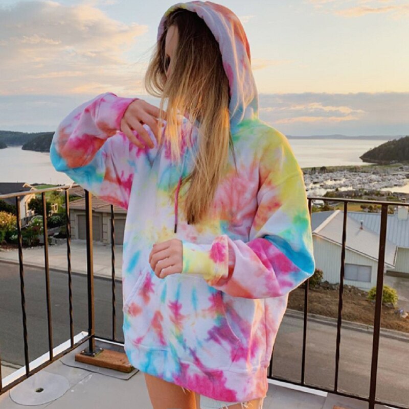 2020 nuove Donne di Inverno Felpe Felpa Moda Tie Dye Stampa di Grandi Dimensioni Coulisse Manica Lunga Streetwear Cappotto Con Cappuccio moletom