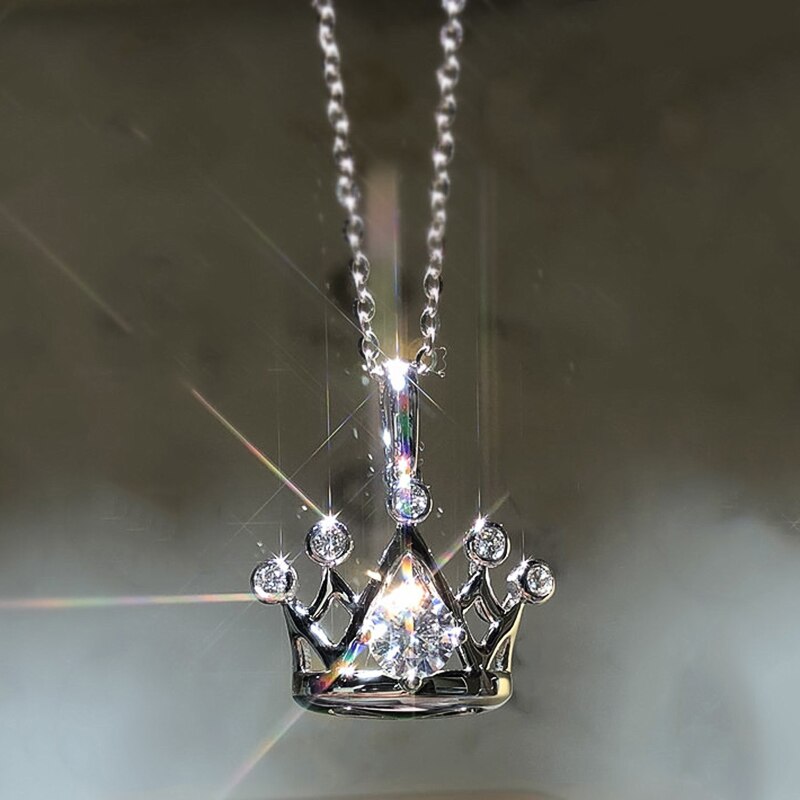 Huitan Romantic Crown Pendant Necklace Wedding Engagement Accessories for Women Silver Color Exquisite Statement Jewelry