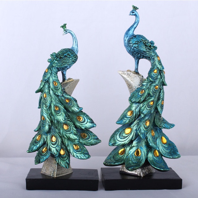 Home Decoration Peacock Jewelry Gold Peacock Mini Statue Resin Desktop Crafts Home Decoration Accessories Business: Blue / L