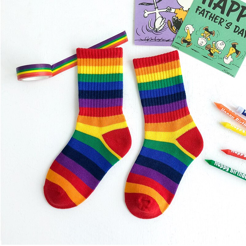 Kids Knee High Rainbow Socks Spring Summer Toddler Child Girls Boys Cotton White School Socks Stripe Long Sock Baby Accessories: 7 / S(1-3 years old)
