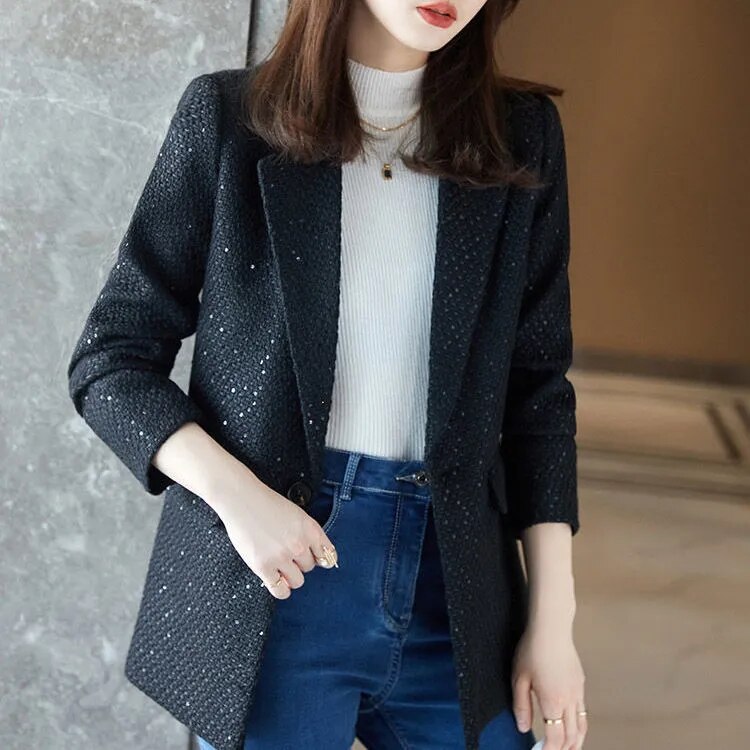 Hstar – petit costume de rue à paillettes pour femme, Blazer ample, coréen, nouvelle veste drapée, bureau, printemps-automne, 2022: Black / S
