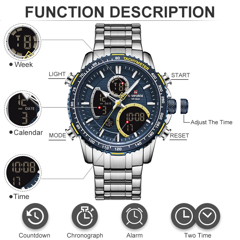 Naviforce Mannen Horloge Waterdichte Grote Wijzerplaat Sport Horloges Mannen Analoge Digitale Waterdichte Quartz Horloge Datum Mannelijke Klok