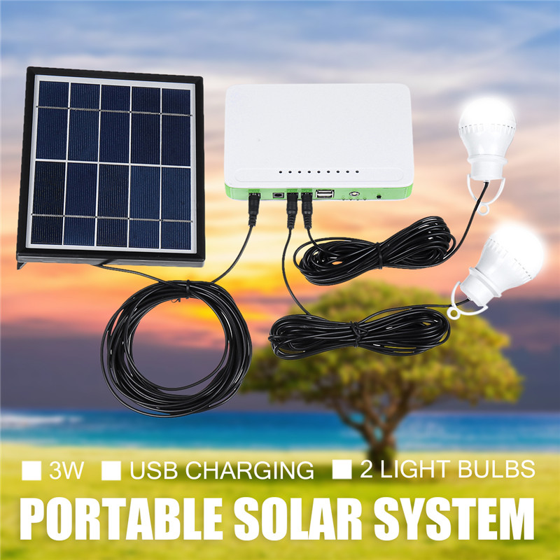 Solar Power LED Lighting System Portable Generator Solar-Panel Kit Camping Hiking Emergency Home Light with 2 LED Lamps