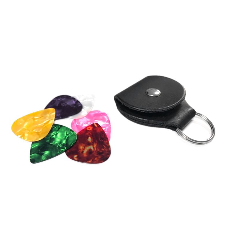 1 pieza de cuero de púa de guitarra eléctrica titular Folk Pop guitarra carcasa de plectro bolsa llavero de Color al azar