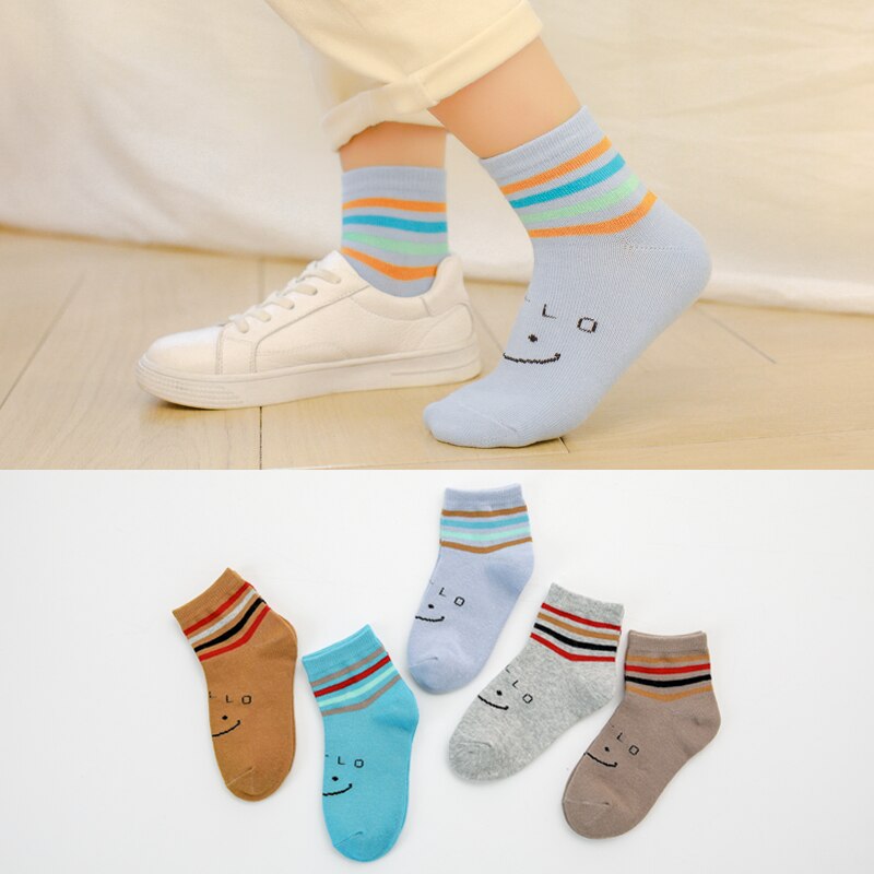 Kleurrijke Kinderen Sokken Katoen Half Lengte Jongens &amp; Meisjes Sokken Mode Bloem Patroon Kids Sok 1 Lot = 5 Pcs: smile B / 10-12T