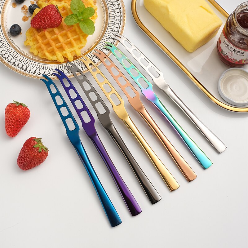 Stainless Steel Cheese Knife With Fork Tip Serrated Cheese Butter Knife Slicer Cutter Cheese Tools Breakfast Bread Jam Spreader