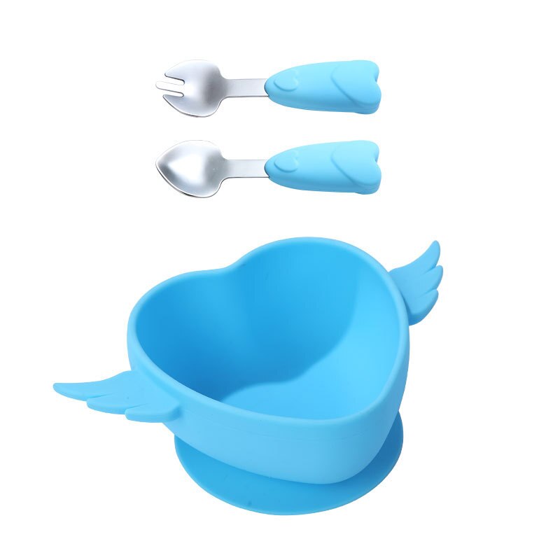 3Pcs/set Baby Silicone Bowl Infant Food Grade Complementary Feeding Tableware Set Baby Toddler Training Spoon Fork Set with Box: blue love bowl set