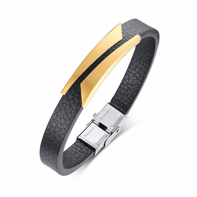 Men's Stainless Steel And Black Leather Bracelet in Black Brackelts Brazalet Brazalete Gents Jewelry: 516BG