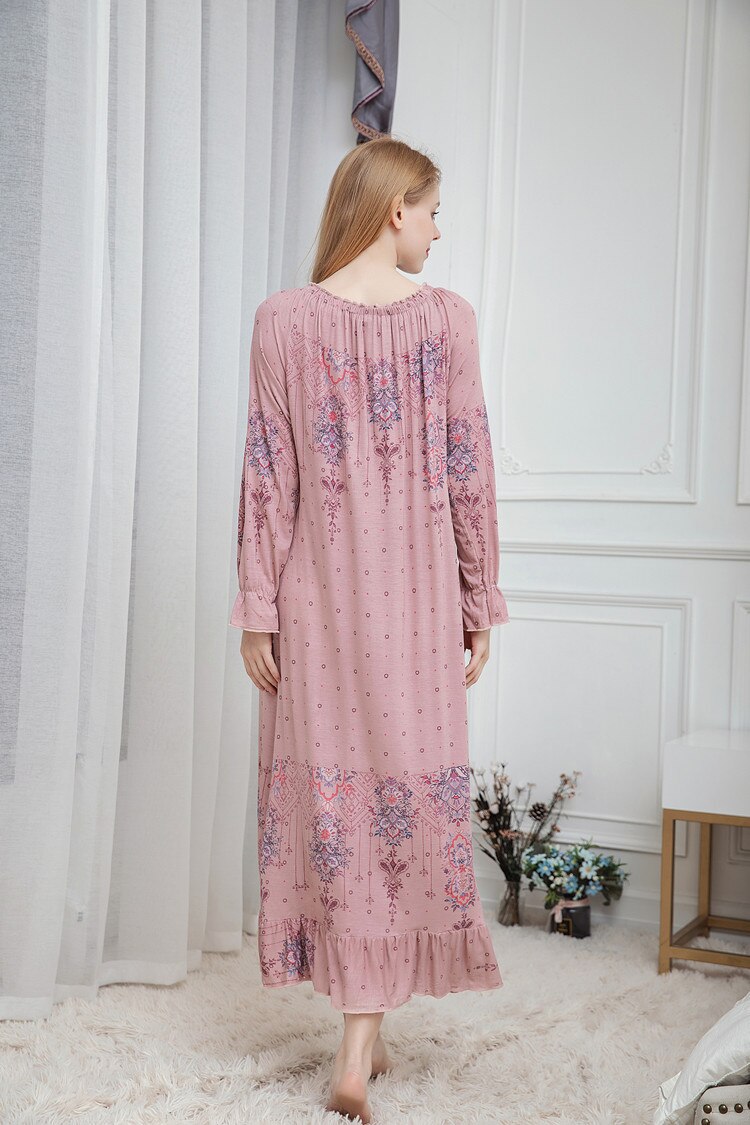 Forår og efterår damer langærmet dame nattøj bomuld modal lang løs koreansk palads prinsesse natkjole lang natkjole