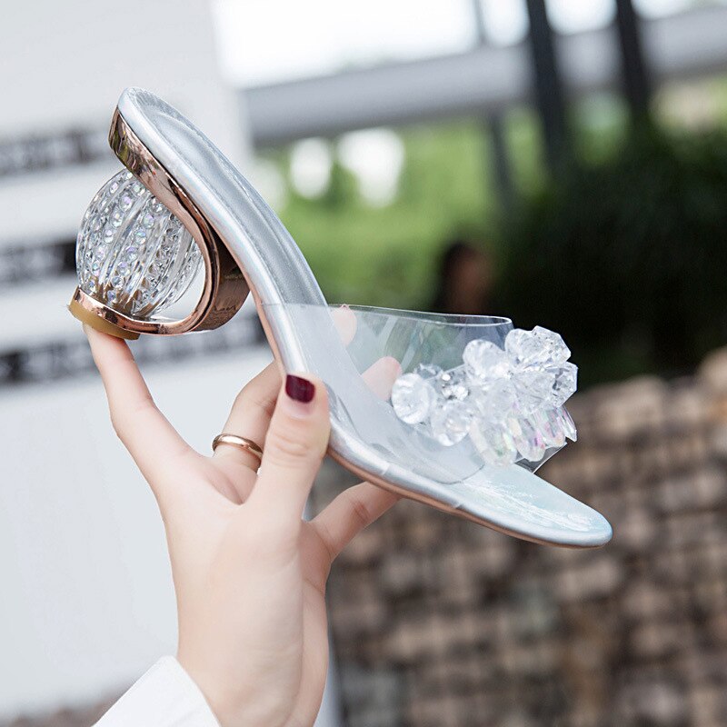 Zapatillas con cristales de verano para mujer, sandalias transparentes plateadas, elegantes, con tacón alto y diamantes de imitación,