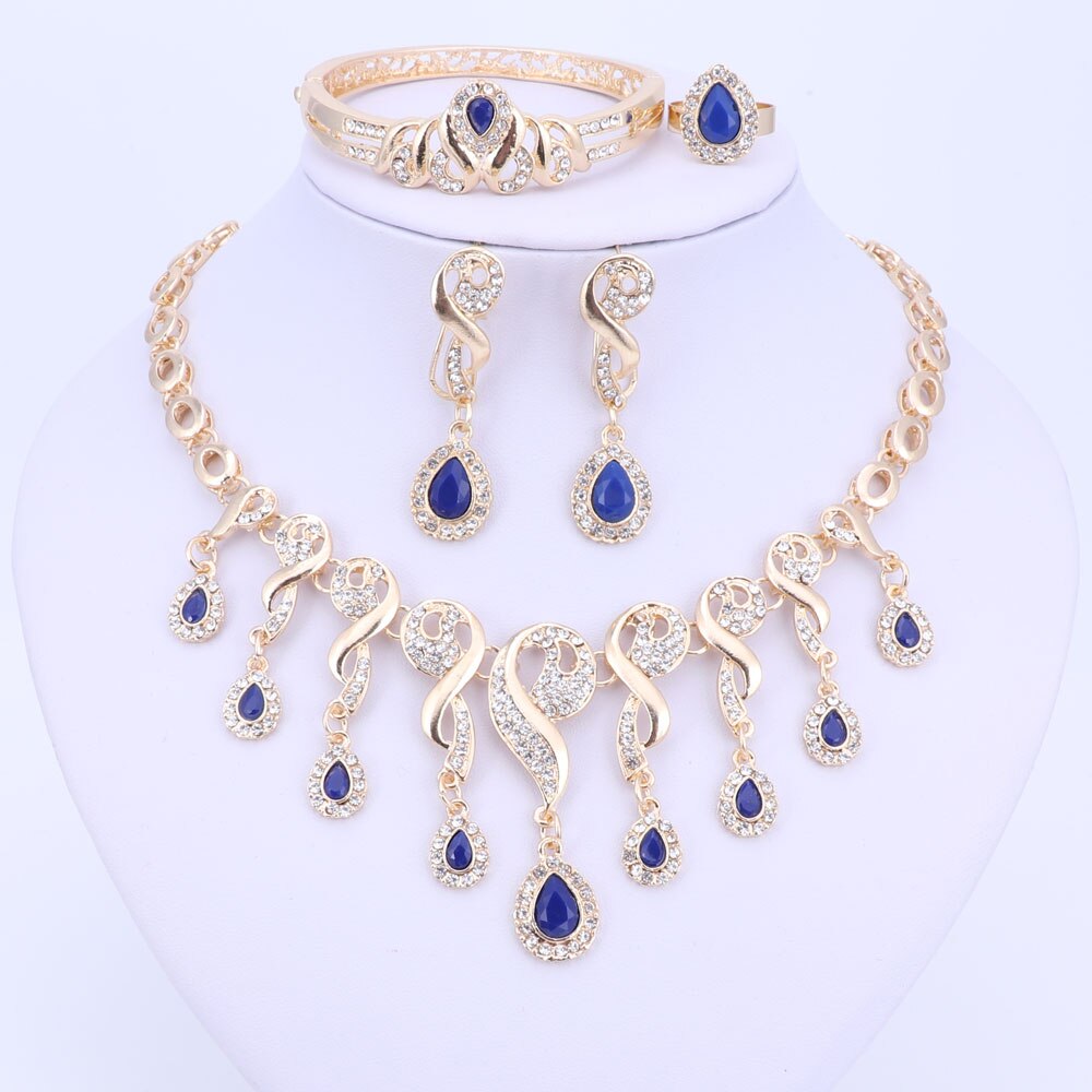 Gold Color Crystal African Beads Jewelry Sets For Women Dress Accessories Wedding Bridal Necklace Earrings Bracelet Ring Sets